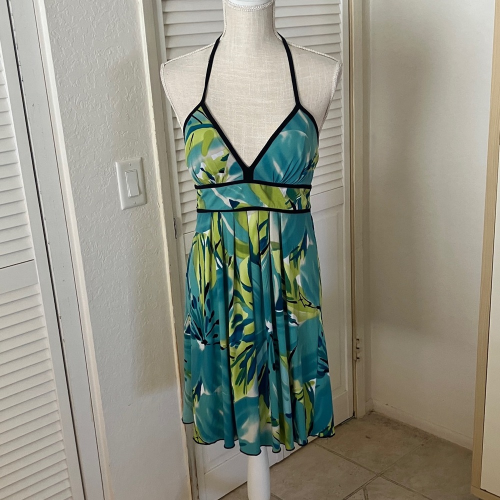Byer California Teal and Lime Tropical Print Halter Dress size M